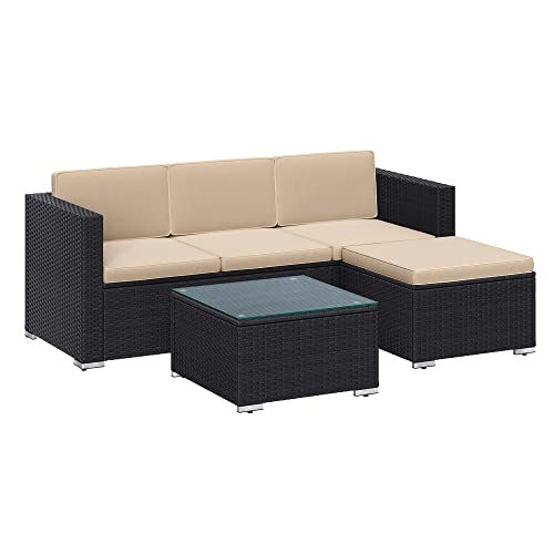 SONGMICS Gartenmöbel-Set, Balkonmöbel aus PE-Polyrattan, Terrassenmöbel, Ecksofa, Outdoor, handgeflochtenes Rattan, Lounge-Set, mit Kissen und Glastisch, schwarz-Taupe GGF005B03 von SONGMICS