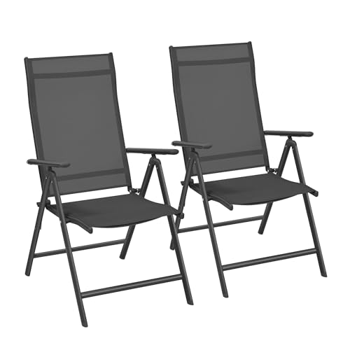 SONGMICS Gartenstuhl 2er Set, Klappstuhl, Outdoor-Stuhl, mit Metallgestell, 8-Fach verstellbare Rückenlehne, bis 150 kg belastbar, schwarz GCB29BK von SONGMICS