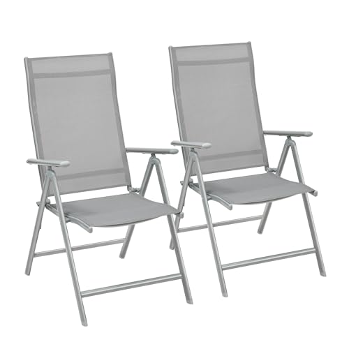 SONGMICS Gartenstuhl 2er Set, Klappstuhl, Outdoor-Stuhl, mit Metallgestell, 8-fach verstellbare Rückenlehne, bis 150 kg belastbar, grau GCB29GY von SONGMICS