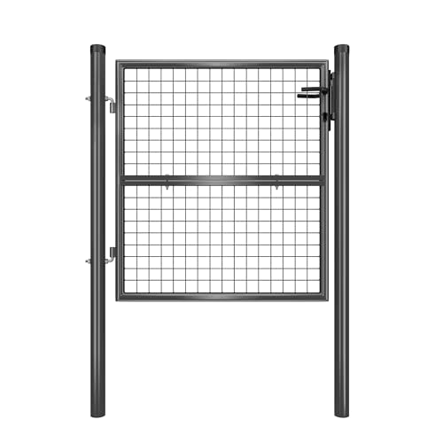 SONGMICS Gartentor, Gartentür, verzinkter Stahl, abschließbar, Tür 106 x 100 cm (B x H), rundes Rohr, grau GGD150A01 von SONGMICS