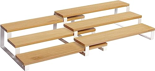 SONGMICS Gewürzregale, Küchenregale, stehend, Küchen-Organizer, 2er Set, Bambus, mit je 3 Ablagen, ausziehbar, stapelbar, für Speisekammer, Arbeitsplatte, Küchenschrank, naturfarben-weiß KCS016N02 von SONGMICS