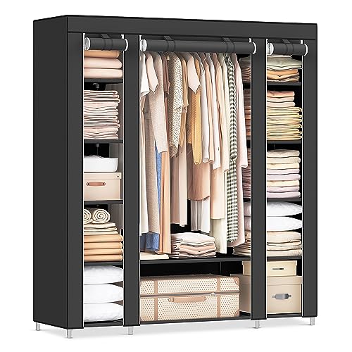 SONGMICS Kleiderschrank, Stoffschrank, mit Kleiderstange und Ablagen, Soffüberzug, für Schlafzimmer, Ankleidezimmer, 150 x 45 x 175 cm, schwarz LSF03H von SONGMICS