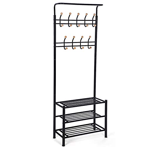 SONGMICS Garderobenständer, Kleiderständer, Schuhregal, Garderobe, Flurgarderobe, 68,8 × 35,2 x 187 cm, 18 Haken, 3 Ablagen, für Mäntel, Hüte, Taschen, aus Stahl, schwarz HSR04B von SONGMICS