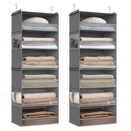 SONGMICS Hängeorganizer 2er Set, Schrank-Organizer, Hängeregal aufteilbar, Hängeaufbewahrung, faltbar und platzsparend, Metallhaken und Bambus-Einsätze, Taubengrau RCH008G01 von SONGMICS