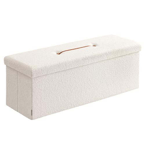 SONGMICS Hocker mit Stauraum, Faltbarer Sitzhocker, 38 x 110 x 38 cm Fußhocker, Sitzbank, Bettbank, Aufbewahrungsbox, bis 300 kg belastbar, Wohnzimmer Schlafzimmer Flur, cremeweiß LSF097W01V1 von SONGMICS