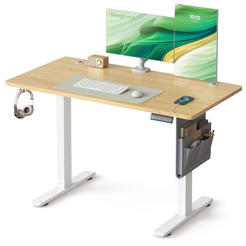 SONGMICS Höhenverstellbarer Schreibtisch elektrisch, 120 x 60 cm, Memory-Funktion mit 4 Höhen, USB-C-Anschluss, goldeichenfarben LSD132YA01 von SONGMICS
