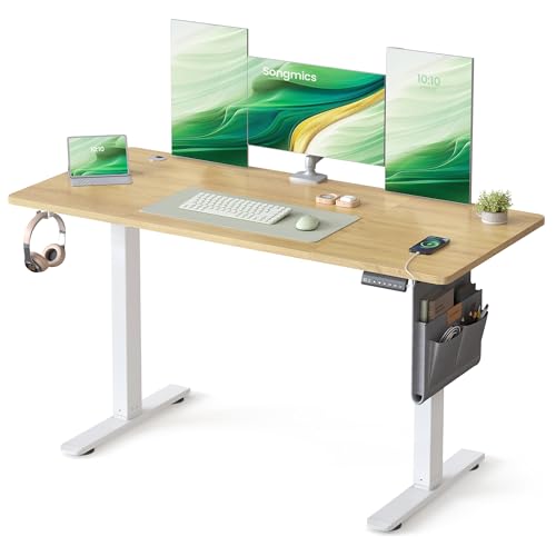 SONGMICS Höhenverstellbarer Schreibtisch elektrisch, 140 x 60 cm, Memory-Funktion mit 4 Höhen, USB-C-Anschluss, goldeichenfarben LSD134YA01 von SONGMICS