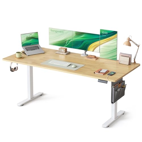 SONGMICS Höhenverstellbarer Schreibtisch elektrisch, 180 x 80 cm, Memory-Funktion mit 4 Höhen, USB-C-Anschluss, goldeichenfarben LSD138YA01 von SONGMICS