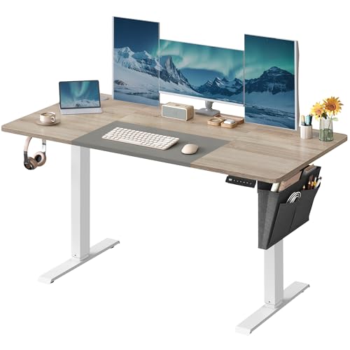 SONGMICS Höhenverstellbarer Schreibtisch elektrisch, 60 x 140 x (72-120) cm, stufenlos verstellbar, gespleißte Platte, Memory-Funktion mit 4 Höhen, basisweiß-greige LSD016H01 von SONGMICS
