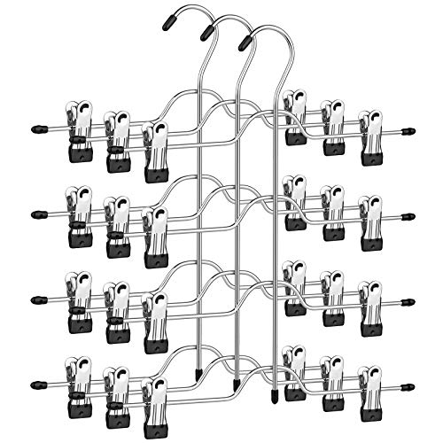 SONGMICS Hosenbügel platzsparend, Mehrfach-Rockbügel mit Clips, 3er Set, Kleiderbügel aus Metall, für je 4 Hosen, mit 8 verstellbaren Klammern, rutschfest, für Hosen, 32 cm, silbern-schwarz CRI042BK von SONGMICS