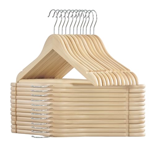 SONGMICS Kleiderbügel Holz, 24er Set Bügel, Holzbügel, Einkerbungen im Schulterbereich, Hosensteg, Hosenbügel, 360° drehbarer Haken, für Jacken Hemden Mäntel, naturbeige CRW010N24 von SONGMICS