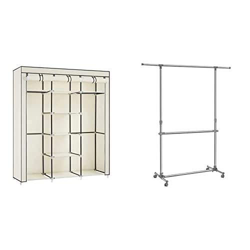 SONGMICS Kleiderschrank, Faltschrank, Stoffschrank, 175 x 150 x 45 cm, Beige RYG12M & Kleiderständer höhenverstellbar, Garderobenständer, (101-166) x 49 x (113-198) cm, Silber-graugrün von SONGMICS