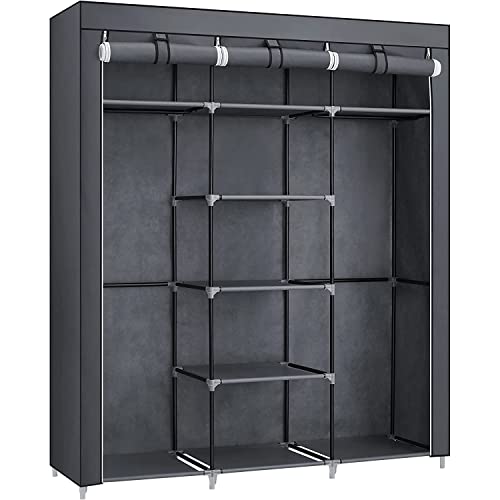 SONGMICS Kleiderschrank, Faltschrank, Stoffschrank, faltbare Garderobe mit 2 Kleiderstange, 175 x 150 x 45 cm, grau RYG12G von SONGMICS