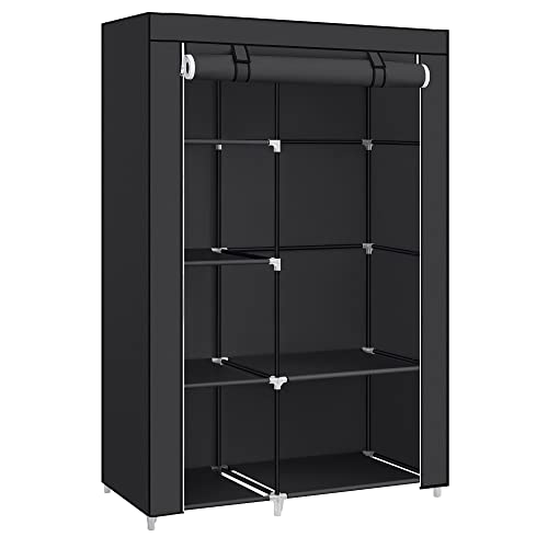 SONGMICS Kleiderschrank, Stoffschrank, 6 Ablagen, Verschiedene Aufbaumöglichkeiten, 105 x 45 x 168 cm, für Schlafzimmer, Ankleidezimmer, schwarz RYG085B02 von SONGMICS