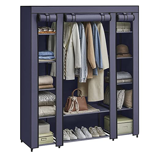 SONGMICS Kleiderschrank, Stoffschrank, mit Überzug aus Vliesstoff, Faltschrank mit Kleiderstange, 45 x 150 x 175 cm, 12 Ablagen, Metallrahmen, Schrank fürs Schlafzimmer, Marineblau LSF003I02 von SONGMICS