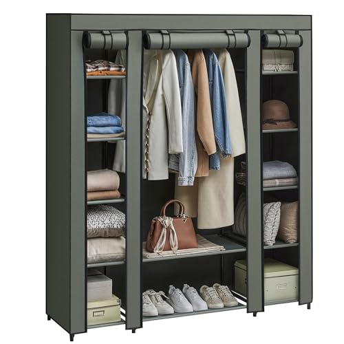 SONGMICS Kleiderschrank, Stoffschrank, mit Überzug aus Vliesstoff, Faltschrank mit Kleiderstange, 45 x 150 x 175 cm, 12 Ablagen, Metallrahmen, Schrank fürs Schlafzimmer, salbeigrün LSF003C02 von SONGMICS