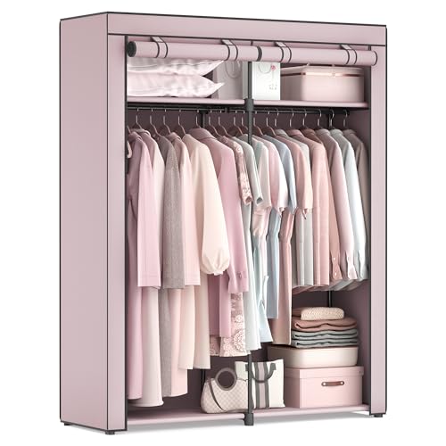 SONGMICS Kleiderschrank, Garderobe mit 2 Kleiderstangen, Kleidungsaufbewahrung, Stoffschrank, Kleiderständer, faltbar, Ankleidezimmer, Schlafzimmer, 140 x 43 x 174 cm, lavendellila RYG002P02 von SONGMICS