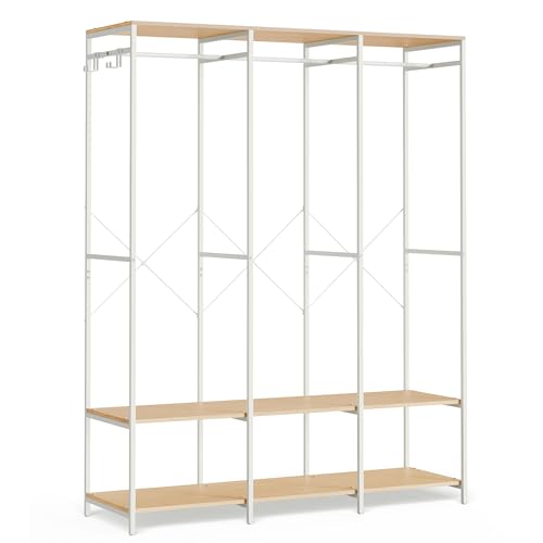 SONGMICS Kleiderschrank offen, Kleiderständer, Garderobenständer, Garderobe mit Kleiderstange, Ablagen, abnehmbare Haken, 40 x 141 x 180 cm, naturbeige RGR005W67 von SONGMICS