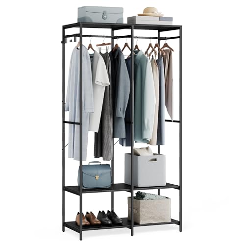 SONGMICS Kleiderschrank offen, Kleiderständer, Garderobenständer, Garderobe mit Kleiderstange, Ablagen, abnehmbare Haken, 40 x 94,5 x 180 cm, ebenholzschwarz RGR004B56 von SONGMICS