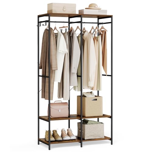 SONGMICS Kleiderschrank offen, Kleiderständer, Garderobenständer, Garderobe mit Kleiderstange, Ablagen, abnehmbare Haken, 40 x 94,5 x 180 cm, vintagebraun RGR004B01 von SONGMICS