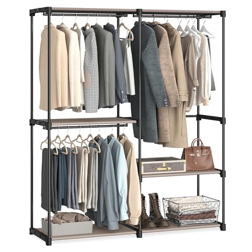 SONGMICS Kleiderschrank offen, Kleiderständer, Kleiderstange, Garderobe, 43 x 138 x 182 cm, 3 Hängefächer, viel Platz, für Schlafzimmer, Wohnzimmer, 138 x 43 x 182 cm, Taupe RYG025R02 von SONGMICS