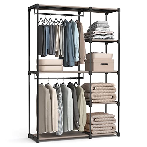 SONGMICS Kleiderschrank offen, freistehende Garderobe, Standregal, Kleiderständer mit Kleiderstangen, Garderobenständer, Ankleidezimmer, Schlafzimmer, 43 x 124 x 182 cm, Taupe RYG026R02 von SONGMICS