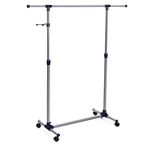 SONGMICS Kleiderständer, Garderobenständer auf Rollen, Rohre mit Edelstahlbeschichtung, mit ausziehbarer Kleiderstange, seitliche Haken für Accessoires, höhenverstellbar 97-165 cm, blau LLR01L, 150 x 44 x 165 cm von SONGMICS