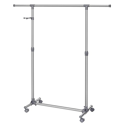 SONGMICS Kleiderständer, Garderobenständer auf Rollen, Rohre mit Edelstahlbeschichtung, mit ausziehbarer Kleiderstange, seitliche Haken für Accessoires, höhenverstellbar 97-165 cm, grau LLR01G, 150 x 44 x 165 cm von SONGMICS