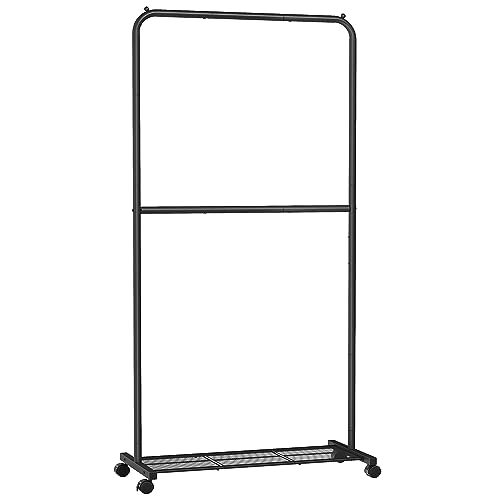 SONGMICS Kleiderständer, Kleiderstange auf Rollen, 2 Stangen, Garderobenständer Metall, Rollgarderobe 91 cm breit, mit Ablage, 2 Rollen mit Bremse, je Stange bis 20 kg belastbar, schwarz HSR027B01 von SONGMICS