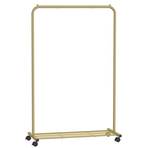 SONGMICS Kleiderständer, Kleiderstange auf Rollen, Garderobenständer Metall, Rollgarderobe 91 cm breit, mit Ablage, 2 Rollen mit Bremse, Stange bis 40 kg belastbar, goldfarben HSR025A01 von SONGMICS