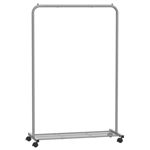 SONGMICS Kleiderständer, Kleiderstange auf Rollen, Garderobenständer Metall, Rollgarderobe 91 cm breit, mit Ablage, 2 Rollen mit Bremse, Stange bis 40 kg belastbar, grau HSR025G01 von SONGMICS