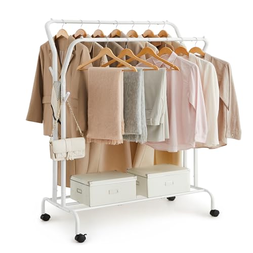 SONGMICS Kleiderständer auf Rollen, 2 Kleiderstangen, Garderobenstange, Garderobenständer aus Stahlrohren, bis 100 kg belastbar, 103,5 cm breit, multifunktionale Aufbewahrung, weiß HSR107W01 von SONGMICS