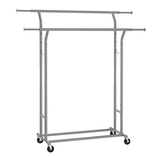SONGMICS Kleiderständer auf Rollen, Garderobenständer aus Metall, Garderobenstange, Kleiderstange ausziehbar, höhenverstellbar, Taubengrau HSR012G01 von SONGMICS