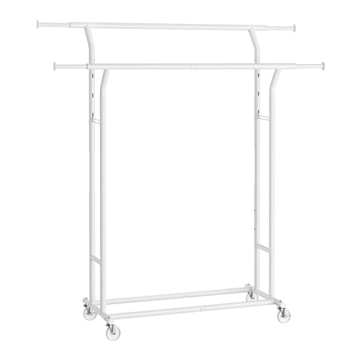 SONGMICS Kleiderständer auf Rollen, Garderobenständer aus Metall, Garderobenstange, Kleiderstange ausziehbar, höhenverstellbar, mattweiß HSR012W01 von SONGMICS