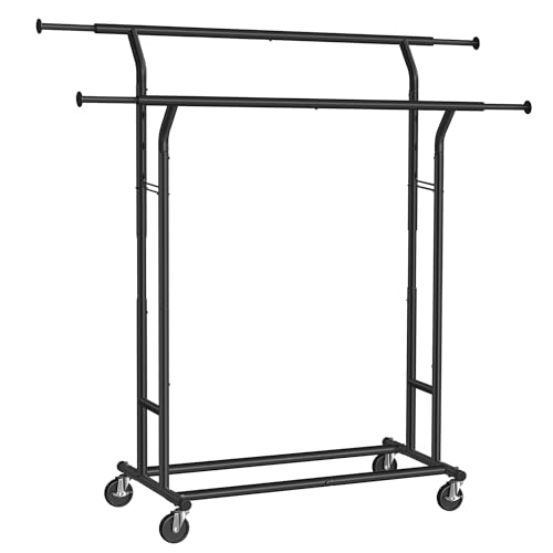SONGMICS Kleiderständer auf Rollen, Garderobenständer aus Metall, Garderobenstange, Kleiderstange ausziehbar, höhenverstellbar, tintenschwarz HSR012B01 von SONGMICS