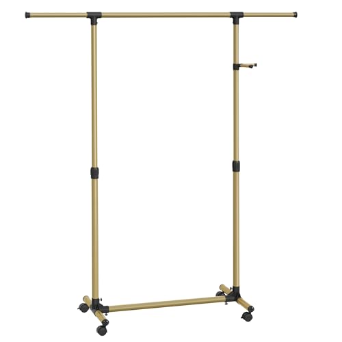 SONGMICS Kleiderständer auf Rollen, Kleiderstange, höhenverstellbar zwischen 97 und 165 cm, ausziehbare Garderobenstange, Garderobenständer, seitliche Haken für Accessoires, blassgold LLR001A01 von SONGMICS