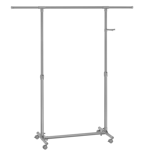 SONGMICS Kleiderständer auf Rollen, Kleiderstange, höhenverstellbar zwischen 97 und 165 cm, ausziehbare Garderobenstange, Garderobenständer, seitliche Haken für Accessoires, taubengrau LLR001G01 von SONGMICS