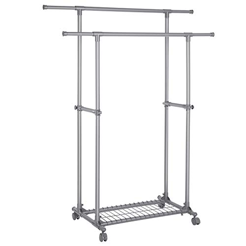 SONGMICS Kleiderständer, Doppelstange, mobil, ausziehbar von 87 bis 150 cm, mit Rollen und Ablagefach, Tragkraft 70 kg, für Mäntel, Schals, Grau LLR13GY von SONGMICS