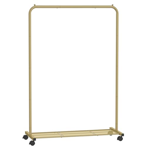 SONGMICS Kleiderständer mit Rollen, Kleiderständer zum Aufhängen von Kleidung, 25,4 mm Metall Kleiderständer mit dichtem Netz-Aufbewahrungsregal, 49.9 kg Tragkraft, 2 Bremsen, Gold UHSR025A01 von SONGMICS