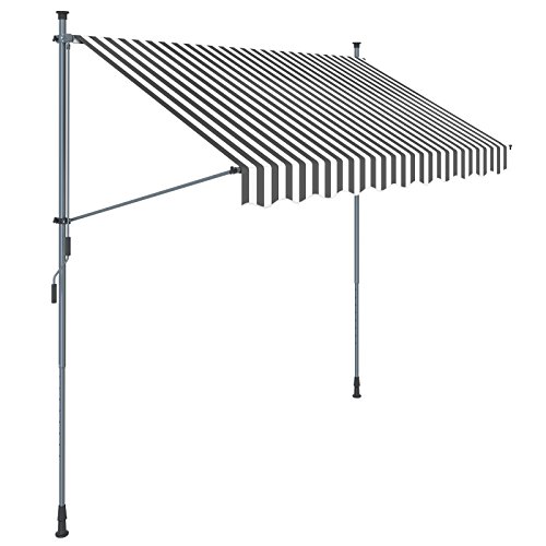 SONGMICS Klemmmarkise, 250 cm, Balkonmarkise, Sonnenschutz, Markise mit Gestell, Verstellbare Höhe 2-3 m, Grau-Weiß gestreift GSA253GW von SONGMICS