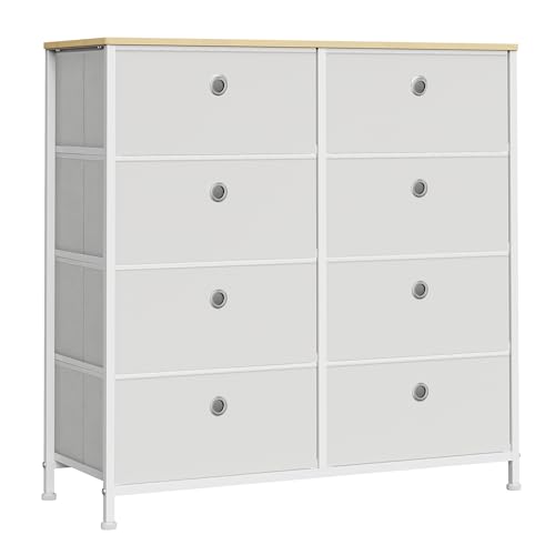 SONGMICS Kommode, Aufbewahrungsschrank, 8 Stoffschubladen, mit Metallgestell, Tischplatte, für Kleiderschrank, Wohnzimmer, cremeweiß-eichenfarben LTS024W57 von SONGMICS