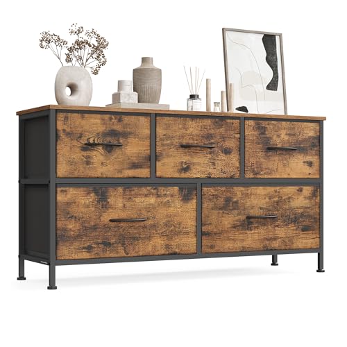 SONGMICS Kommode, Schrank, 5 Stoffschubladen, Aufbewahrungsschrank, Stahl, MDF, Vliesstoff, für Schlafzimmer, Flur, Wohnzimmer, vintagebraun-tintenschwarz LGS322BH04 von SONGMICS