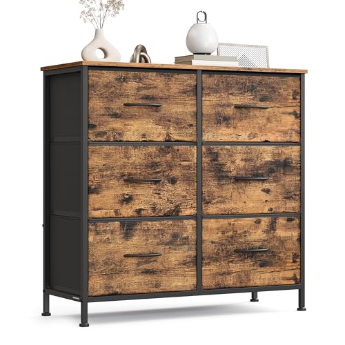 SONGMICS Kommode, Schrank, 6 Stoffschubladen, Aufbewahrungsschrank, Stahl, MDF, Vliesstoff, für Schlafzimmer, Flur, Wohnzimmer, vintagebraun-tintenschwarz LGS123BH04 von SONGMICS