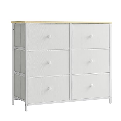 SONGMICS Kommode, Schrank, 6 Stoffschubladen, Metallgestell, Aufbewahrungsschrank, für Kinderzimmer, Schlafzimmer, Flur, cremeweiß-eichenfarben LTS323W57 von SONGMICS