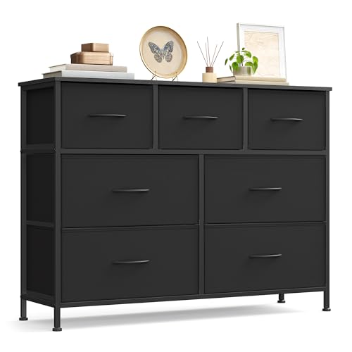 SONGMICS Kommode, Schrank, 7 Stoffschubladen, Aufbewahrungsschrank, Stahl, MDF, Vliesstoff, für Schlafzimmer, Flur, Wohnzimmer, tintenschwarz-ebenholzschwarz LGS323BH03 von SONGMICS