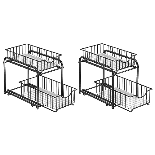 SONGMICS Küchenschrank Organizer, 2er Set, Küchenregal, Ordnungssystem, 2 Ebenen, stapelbar, erweiterbar, mit Metallkörben, für Küche, klassikschwarz KCS017B02 von SONGMICS