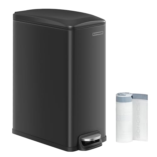 ‎SONGMICS Mülleimer Küche, 48 Liter, schmal, Abfalleimer, Tretmülleimer für enge Räume, Küchenmülleimer mit Softclose-Deckel und Inneneimer, Stahl, 15 Müllbeutel inklusive, schwarz LTB510B4802 von SONGMICS