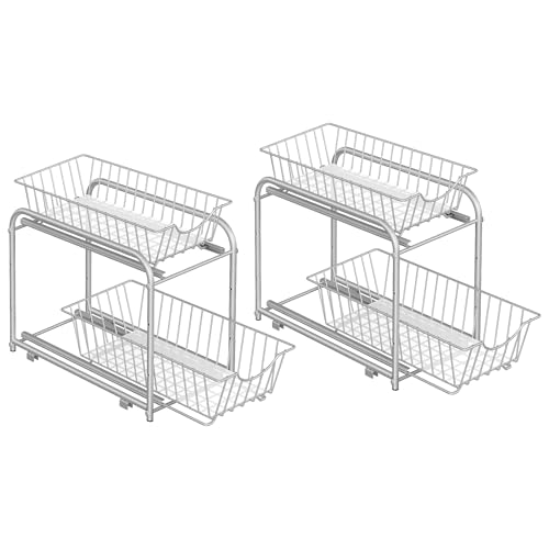 SONGMICS Küchen-Organizer 2er Set, Küchenregal, Ordnungssystem, jeweils 2 Ebenen, stapelbar, erweiterbar, mit Metallkörben, für Küche, Badezimmer, taubengrau KCS017E02V1 von SONGMICS