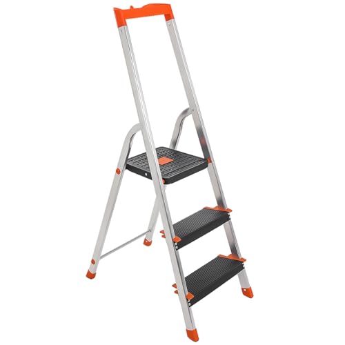 SONGMICS Leiter mit 3 Stufen, Aluleiter, 12 cm breite Stufen mit Riffelung, Anti-Rutsch-Füße, mit Handlauf, Werkzeugschale, bis 150 kg belastbar, schwarz-orange GLT03BK von SONGMICS