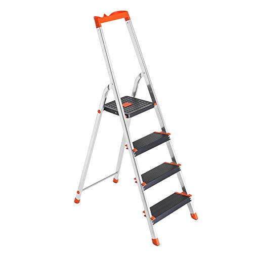 SONGMICS Leiter mit 4 Stufen, Aluleiter, 12 cm breite Stufen mit Riffelung, Anti-Rutsch-Füße, mit Handlauf, Werkzeugschale, bis 150 kg belastbar, schwarz-orange GLT04BK von SONGMICS